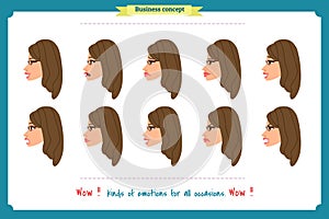 Set of woman expression isolated.Cute woman emotional female head illustration. vector face girl, sad, smiling.Businesswoman