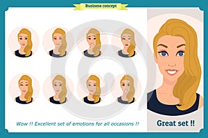 Set of woman expression isolated on white.Cute blonde emotional female head. vector face girl, angry, cry,smiling.Businesswoman