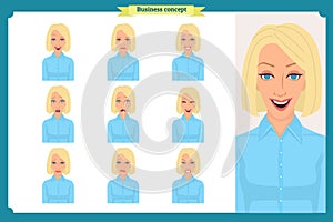 Set of woman expression isolated on white.Cute blonde emotional female head. vector face girl, angry, cry,smiling.Businesswoman