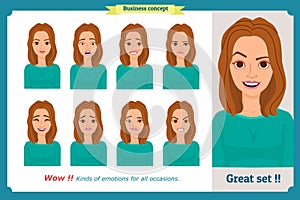 Set of woman expression isolated on white. Flat design. Cute vector face girl,angry, sad, smiling. Businesswoman character photo