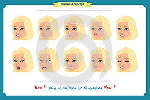 Set of woman expression . on white.Cute woman emotional female head illustration. vector face girl, sad, smiling.
