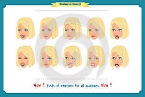 Set of woman expression . on white.Cute woman emotional female head illustration. vector face girl, sad, smiling.