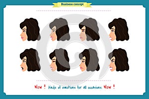 Set of woman expression . on white.Cute woman emotional female head illustration. vector face girl, sad, smiling.