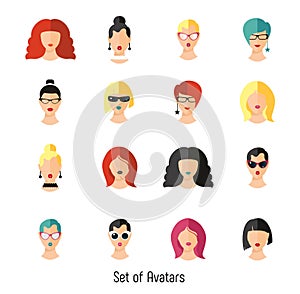 Set woman face hairstylein color. Girls vector illustration. Trend flat style. photo