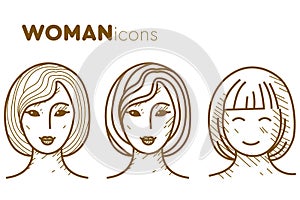 Set of woman face icons in pencil drawing style