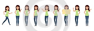 Set of woman, girl in casual clothes in different poses. A character for your design project. Vector illustration in flat and cart