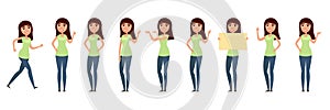 Set of woman, girl in casual clothes in different poses. A character for your design project. Vector illustration in flat and cart photo