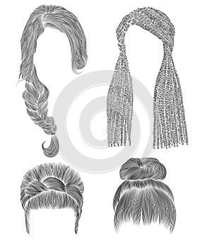 Set woman hairs . black pencil drawing sketch . bun babette fringe hairstyle women fashion beauty style. african cornrows