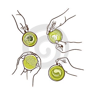 Set of Woman hands holding cup green matcha, green tea latte on white background. Top view, flat lay, copy space for text Dairy