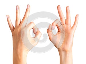 Set of woman hands holding gesture of okay or letter O. Sign of success or luck