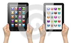 Set of Woman hands holding Tablet PC with interface on its screen, isolated on transparent background