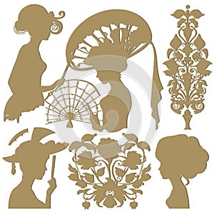 Set. Woman in a hat silhouette surrounded and vintage flowers in art nouveau style. Vector Gold beautiful woman silhouette on