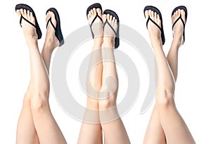 Set woman legs in black flip flops