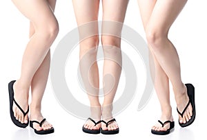 Set woman legs in black flip flops