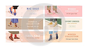 Set of woman legs in trendy shoes shopping banner vector flat illustration. Bundle of promo flyer with place for text