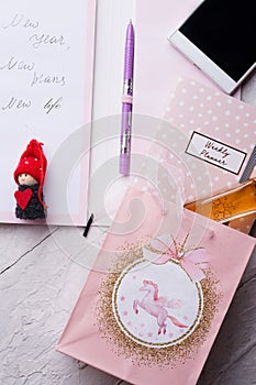 Set of woman  plans  at new year with angel and gifts. concept shot