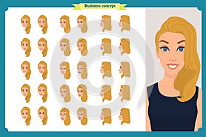 Set of woman`s emotions design. Facial expression.Front, side, profile view animated character. Vector illustration.Business girl