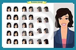 Set of woman`s emotions design. Facial expression. Girl Business.Front, side, profile view animated character. Vector illustration