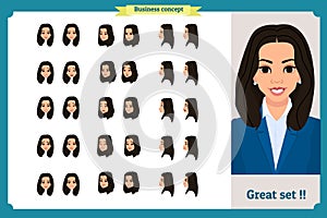 Set of woman`s emotions design. Facial expression. Girl Business.Front, side, profile view animated character. Vector illustration
