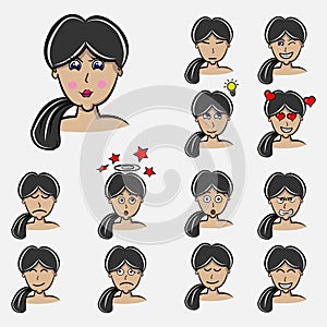 Set of woman`s emotions. Facial expression. Girl Avatar. Hand drawn style