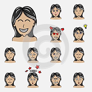 Set of woman`s emotions. Facial expression. Girl Avatar. Hand drawn style vector