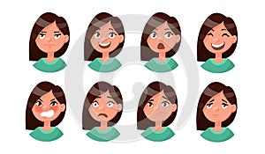 Set of woman's emotions. Facial expression. Girl Avatar. Vector