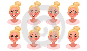 Set of woman`s emotions. Facial expression. Girl Avatar. Vector illustration