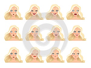 Set of woman`s emotions. Facial expression. Girl Avatar. Vector illustration of a cartoon style