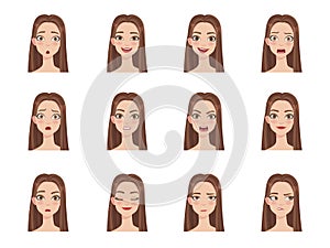 Set of woman`s emotions. Facial expression. Girl Avatar. Vector illustration of a cartoon style