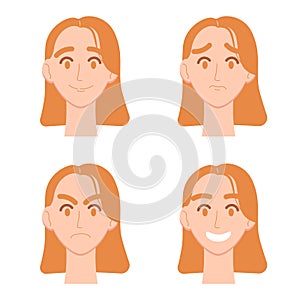 Set of woman\'s emotions. Facial expression. Woman head. Girl with red hair avatar.