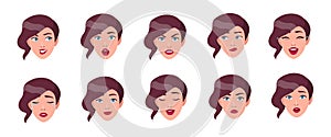 Set of woman`s emotions. Girl face with different facial expression collection. Colorful vector illustration in flat
