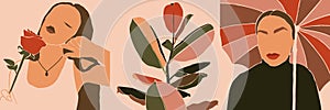 Set of Woman`s Face minimalist art. Abstract Contemporary collage fashion woman and plants in a trendy style. Vector