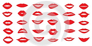 Set of woman`s lips. Different form of the lips. Different emotions. Vector illustration. 30 pieces.