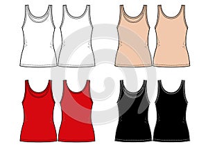 Set of woman`s tank top. White, beije, red, black colours