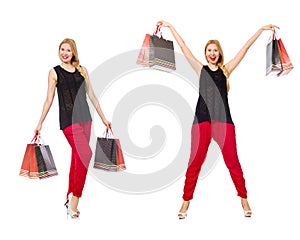 The set of woman with shopping bags on white