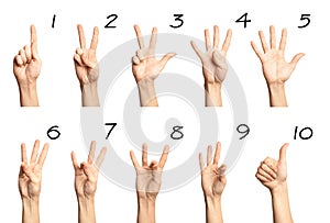 Set of woman showing numbers on white. Sigh language