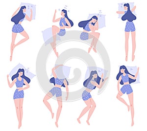 Set of woman sleep in different position. Female character in the bed