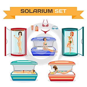 Set of woman tanning in solarium. Essential accessories.