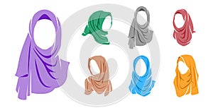 Set of woman wearing colorful hijab icon, hijab logo isolated