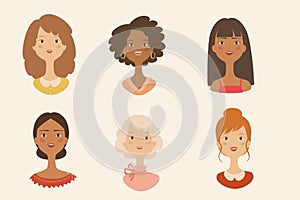 Set of women avatar icons. White, black, asian woman portraits