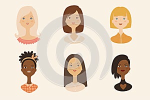 Set of women avatar icons. White, black, asian woman portraits