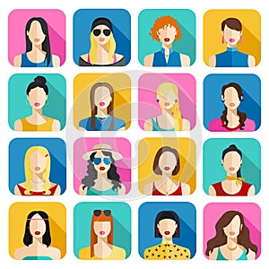 Set of Women Avatars Icons. Colorful Female Faces Icons Set. Flat Style Design.