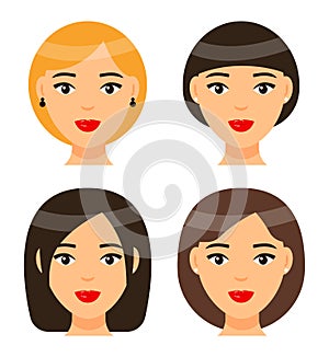 Set of women with different haircuts or hairstyles, cartoon character heads, beautiful female faces