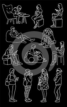 Set of women in different poses. Monochrome vector illustration of women standing and sitting in simple line art style