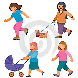 Set of women doing different things, walking a dog, walking, with a stroller, rollerblading, isolated object on a white