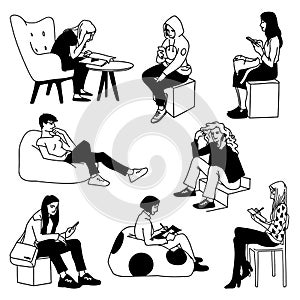 Set of women doing various things sitting. Concept. Monochrome vector illustration of women sitting in different poses in simple