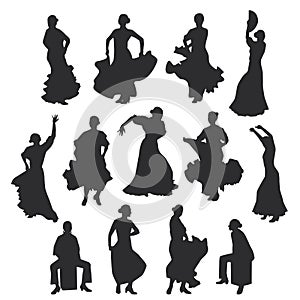 Set of women in dress stay in dancing pose. flamenco dancer Spanish regions of Andalusia, Extremadura and Murcia, Cajon percussion photo