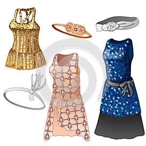 Set of women dresses and belts. Collection of classic clothes for girls, different colors, with sparkles