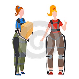 Set of women in exosuit. Help in lifting weights. Medical exoskeleton to help people with disabilities. Innovation in healthcare.