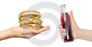 Set of Women Hands with bottle of cola and hamburger, isolated on white background, fast food set concept